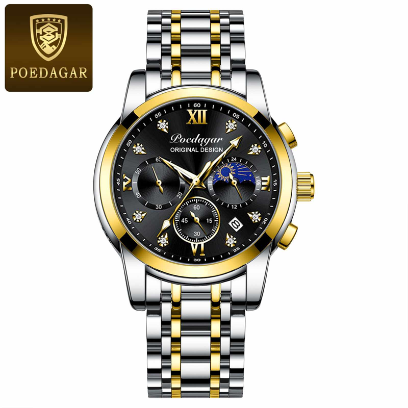 Poedagar PO819 Steel Male Luminous Date Quartz Wristwatch (Gold Black)